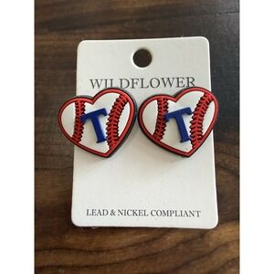 Wildflower Texas Rangers Baseball Heart Stud Earrings Blue T Game Day New